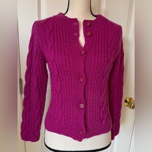 Hand Knit 🧶 Wool Cardigan Sweater Fuchsia Magenta Pink S